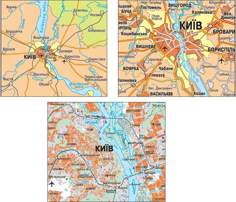 Зображення Києва на картах різних масштабів