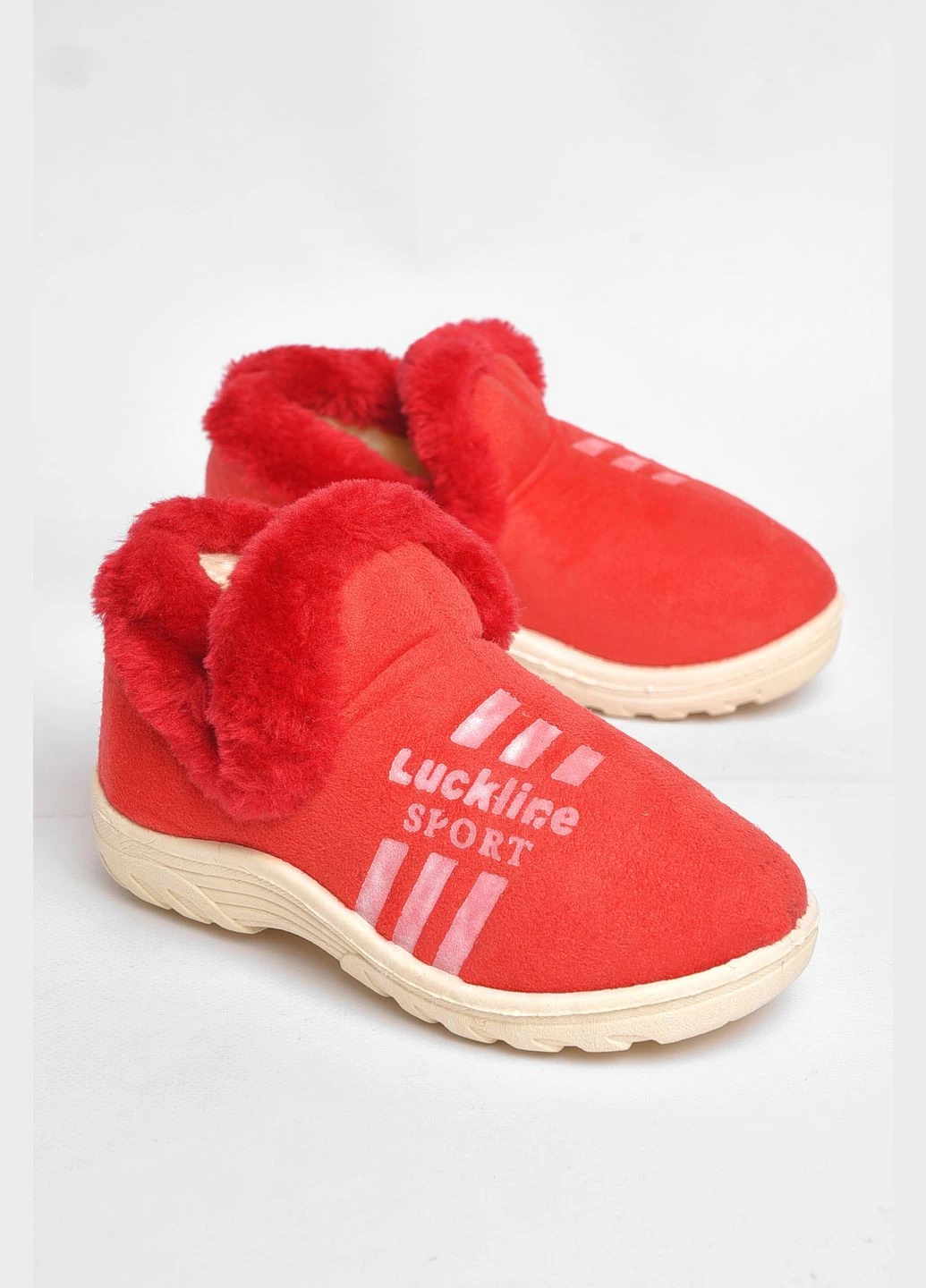 капці дитячі чуні червоного кольору з хутром